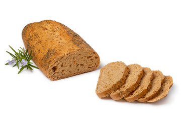 Fresh traditional baked loaf of italian rosemary bread and slices and a twig of fresh rosemary close up isolated on white background 