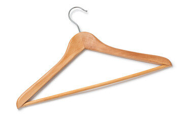 Single wooden dress hanger isolated on white background