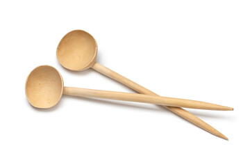 Pair of traditional vintage wooden Moroccan harira spoons isolated on white background  