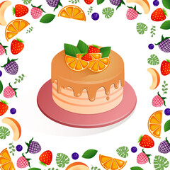 Vector illustration on a white background cake with orange and strawberry for birthday, wedding, holiday for advertising, postcard, banner, background. Collection of cartoon sweet dessert elements.