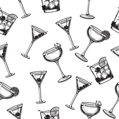 Cocktails seamless pattern alcoholic daiquiri, old fashioned, manhattan, martini, sidecar glass hand drawn engraving vector illustration. Isolated black and white vintage style	 - 427653384