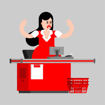 Angry Cashier At Checkout Counter In Supermarket