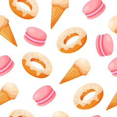 summer sweet seamless pattern ice cream, donate, macaroon in flat cartoon style on isolated background 