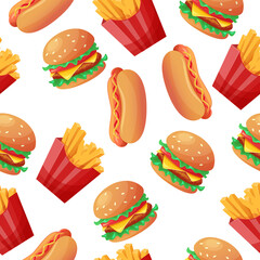 fast food seamless pattern. Cartoon flat vector illustration isolated on white background.