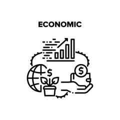 Economic Wealth Vector Icon Concept. Infographic Growth Economic Wealth, Hand Holding Wallet With Money And Credit Cards, World Financial Relations And Growing Finance Black Illustration