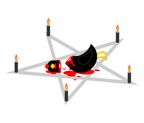 Sacrificial chicken and pentagram. Black Rooster sacrificed. Rite of dark magic sorcery