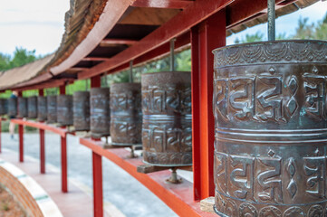 Prayer wheels at the Sakya Tashi Ling monastery in Garraf, Barcelona, Spain.