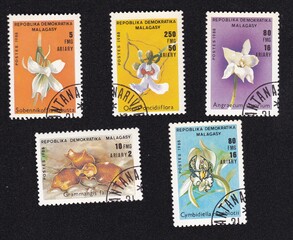 Fototapeta na wymiar Orchid. Set of old stamps from the times of the . Isolated stamp on black background. Botanical postage stamps. Flowers, plants, botany, nature, tree leaves. Orchids. Malagasy circa 1988.
