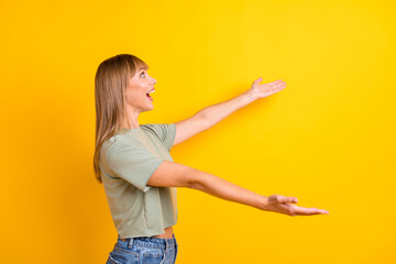 Profile side view portrait of nice pretty cheerful girl giving showing wide hugs isolated over...