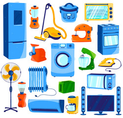 Home appliances, set of household electronics isolated on white, cartoon style vector illustration