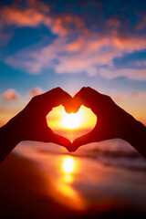 heart with hands, sunset background, love and travel