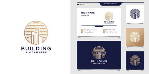 Building logo with line art style and business card design. Premium Vector