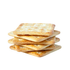 Close-up square dry crackers isolated on white background. Snack dry Biscuits healthy whole wheat tasty crispy crackers cookies for children and adults, clipping path, front view