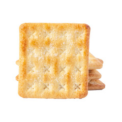 Close-up square dry crackers isolated on white background. Snack dry Biscuits healthy whole wheat tasty crispy crackers cookies for children and adults, clipping path, front view