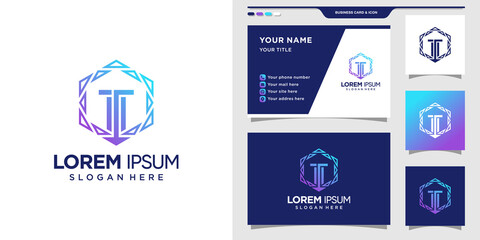 Letter logo with gradient tech style and business card design. Initial letter T logo technology. Premium Vector