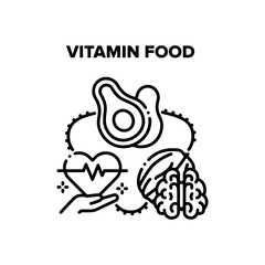 Vitamin Food Vector Icon Concept. Nut And Avocado Vitamin Food For Treatment Heart Beat, Delicious Diet And Healthcare Organic Nutrition. Natural Bio Nourishment Black Illustration