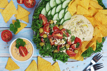Hummus with vegetables salad and nachos