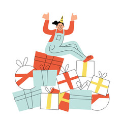 Birthday girl sitting on the pile of gifts. Flat style vector illustration of happy character with a lot of present boxes