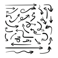 Vector set of arrows, black ink paintings isoalted on white background, drawings set, directional signs.

