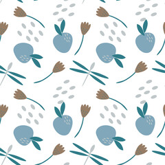 Vector seamless pattern with dragonfly and flowers in Scandinavian style for fabrics, paper, textile, gift wrap isolated on white background 