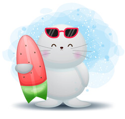 Cute doodle walrus holding watermelon surf cartoon character Premium Vector