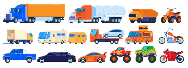 Cars isolated on white, trucks and industrial vehicles set, motorcycle and camper van, vector illustration