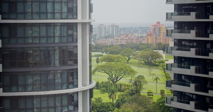 Drone shot of a building showing cityscape view in BGC Taguig Philippines