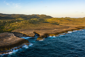 Aerial view above scenery of Curacao, Caribbean with ocean, coast