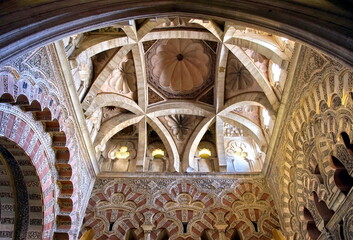 Interior view of La Mezquita Cathedral in Cordoba Spain. The cathedral was built inside of the...