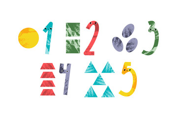 Cute number characters: one, two, three, four, five. Geometric figures: circle, square, oval, trapezoid, triangle. Funny mathematics for kids. Math symbol with smiling face. Vector flat cartoon style