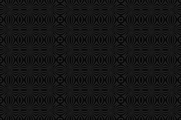Geometric volumetric convex black background. Ethnic African, Mexican, Indian motives. 3d wallpaper, embossed pattern.