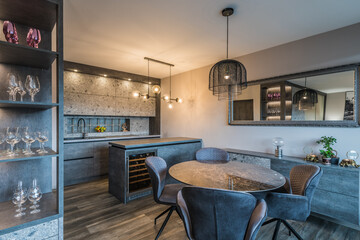 Modern living room interior with kitchen