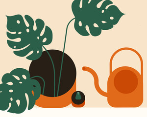 Stay at home. Still life with flowerpots. Modern flat vector use of digital concept illustration in web project and application.