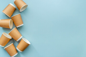 Paper take away coffee cups flat lay. Top view