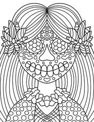Smiling skeleton girl with long hair and flower coloring page stock vector illustration. Traditional Mexican Dia de Muertos skull symmetry black linear illustration. Happy skeleton girl portrait
