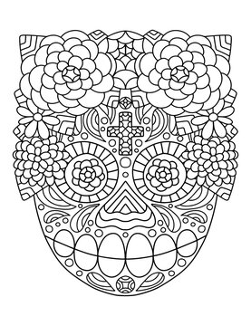 Traditional Mexican Skull with flower wreath coloring page stock vector illustration. Hand-drawn skull with marigold and daisy flowers on top and cross on forehead black outline white isolated
