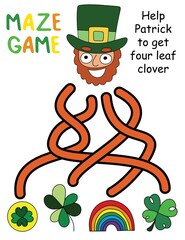 Help Patrick to get four leaf clover - maze game for kids stock vector illustration. Funny educational puzzle for children with four tangled ways. Cartoon hand drawn activity page vertical worksheet