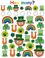 Fototapeta premium How many? - Irish-themed game for children colorful vertical worksheet stock vector illustration. Find and count all cartoon hand-drawn objects educational activity page for kids
