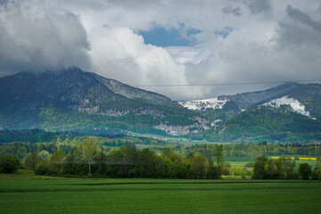 View through the train window to the Swiss mountains, Switzerland