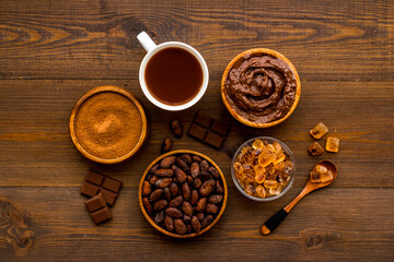Coffee and cocoa beans and powder. Chocolate and coffee background