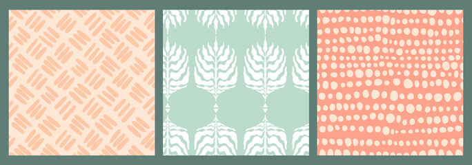 Set of abstract minimalist seamless boho patterns with hand drawn dots and leaves in a mid century style in a natural earthy palette. Modern aesthetic background with trendy design for wallpaper.