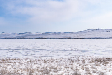 Fototapeta na wymiar Ogoy island winter landscape. View of the mountains and frozen Lake Baikal on a winter day