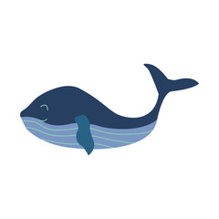 Cute smile blue whale. Colorful vector isolated illustration hand drawn. Wildlife, mammal from ocean