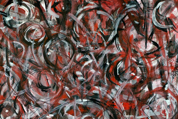 Red, black, and white spots on the canvas. Colorful bright background. Dry brush strokes. A sketch in the style of abstract impressionism. Jackson Pollock imitation