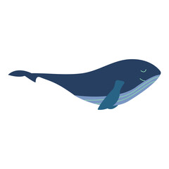 Cute smile blue whale. Colorful vector isolated illustration hand drawn. Wildlife, mammal from ocean