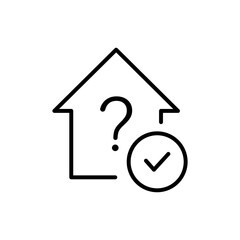 Home with check mark line icon. Legalization of ownerless or public property. Accept house with question mark. Auction house sign. Low mortgage concept. Vector isolated on white