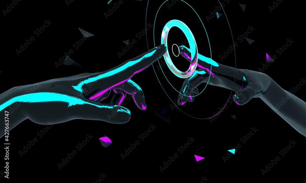 Poster touch future. innovations systems people and robots devices. technologies in automatics cyborg syste