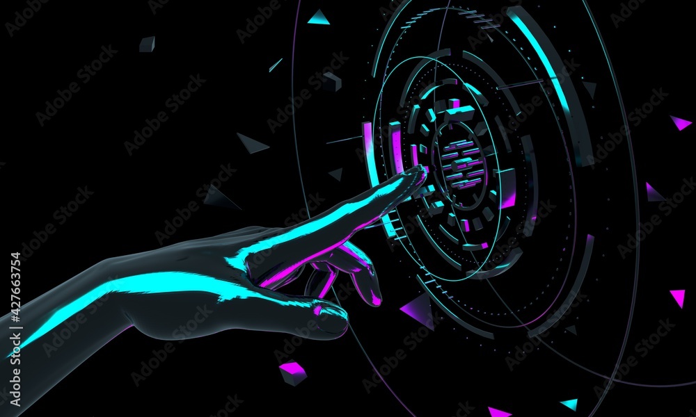 Poster touch future. innovations systems people and robots devices. technologies in automatics cyborg syste