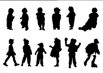Shilouettes of different children. They are going, standing and playing.