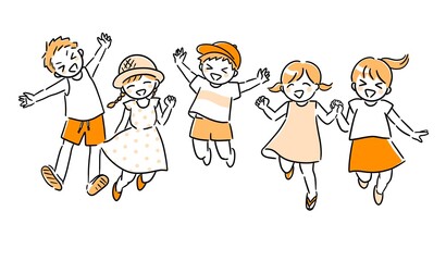 笑顔でジャンプするこどもたち　夏